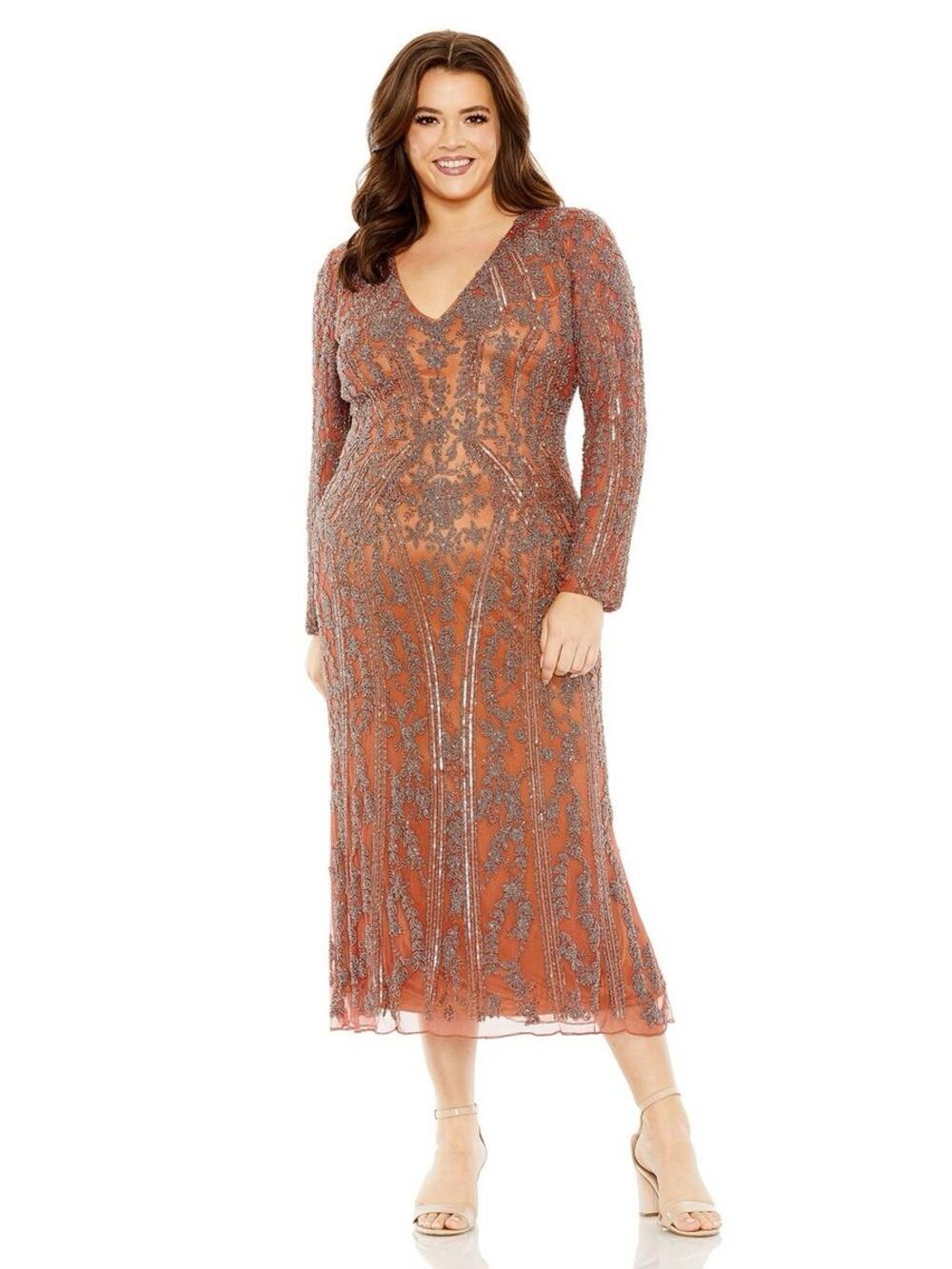 Mac Duggal NWT Rosewood Long Sleeve Beaded Sequin Midi Dress Size 18W